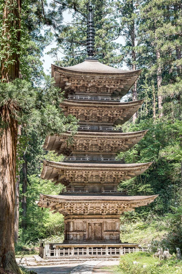 Dewa Sanzan`s five-story pagoda on Japan`s famous Mount Haguro