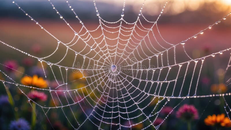 DewCover Spiderweb στην ανατολή του ηλίου : Περίπλοκη σχεδίαση απεικόνιση αποθεμάτων