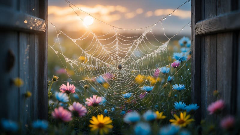 DewKiss Spiderweb σε ένα ζωντανό λιβάδι ελεύθερη απεικόνιση δικαιώματος