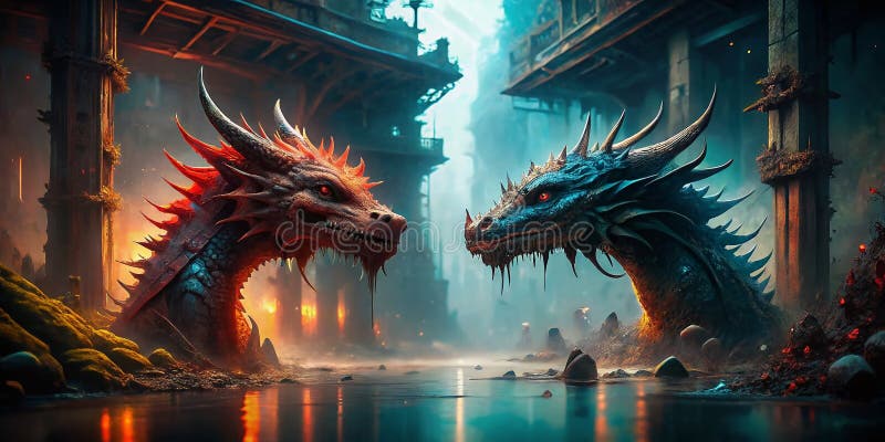 Dezvăluirea Dragonilor de Apă Misticului Creaturi Acvatice Roșii și Albastre într-un peisaj urban Dilapidat vector illustration