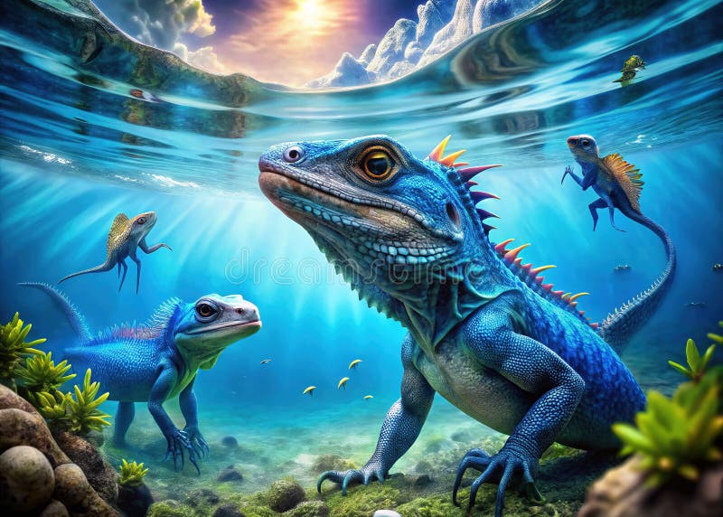 Dezvăluirea tărâmului fermecător subacvatic al dragonilor de apă albastră stock illustration