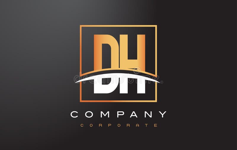 DH D H Golden Letter Logo Design with Gold Square and Swoosh.