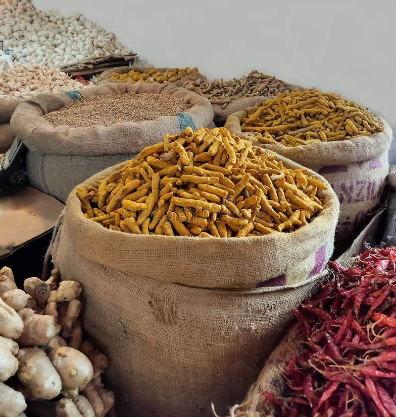 Dhaka, Bangladesh - 06 july 2020: Spice market. Colorful spices and herbs are displayed in a shop of a spice market. In Dhaka, Bangladesh