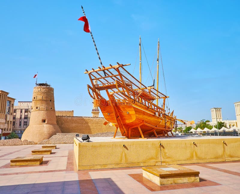 The dhow boat installation in front of Al Fahidi Fort, Dubai, UAE royalty free stock image