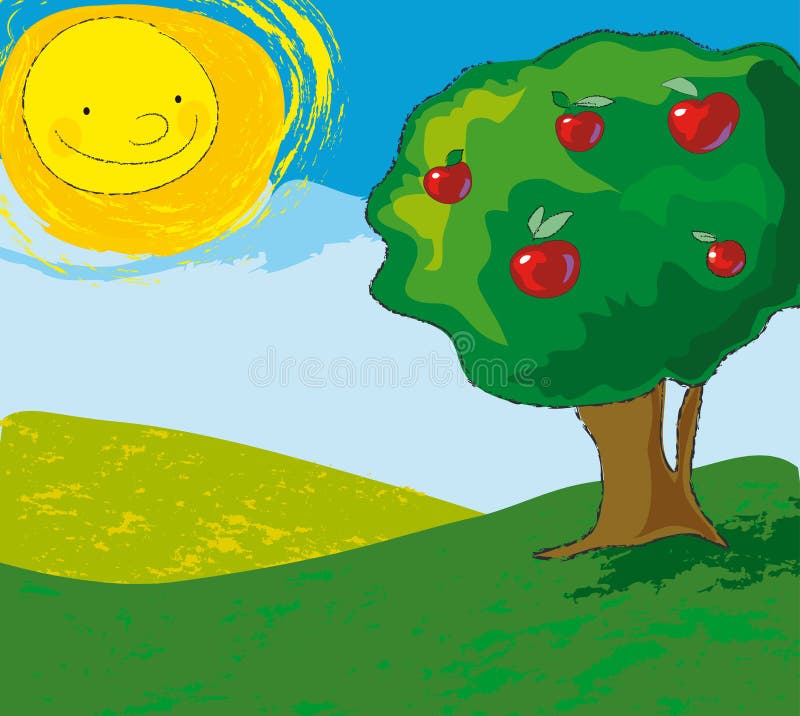 A colorful countryside landscape with apple tree and a smiling sun. Digital technique. A colorful countryside landscape with apple tree and a smiling sun. Digital technique.