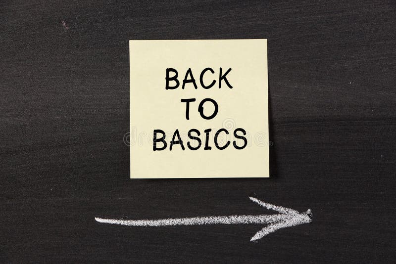 Back To Basics - sticky note pasted on a blackboard background with a chalk arrow. Back To Basics - sticky note pasted on a blackboard background with a chalk arrow.