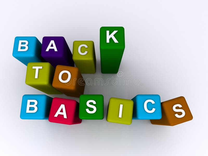 Text 'back to basics' inscribed in white uppercase letters on tall colorful blocks, white background. Text 'back to basics' inscribed in white uppercase letters on tall colorful blocks, white background.