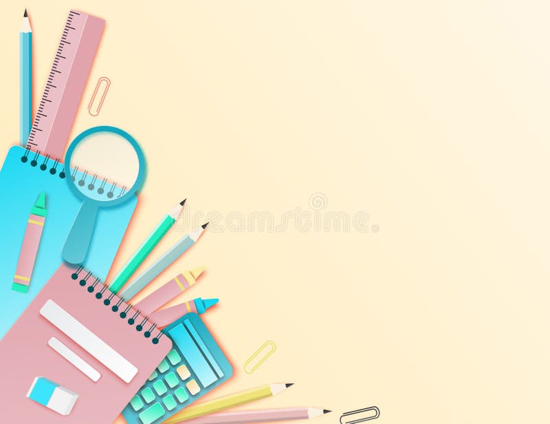 Di nuovo al fondo di arte del giornalino della scuola con il taccuino, matita, righello illustrazione vettoriale Di nuovo al fondo di arte del giornalino della scuola con il taccuino, matita, righello illustrazione vettoriale