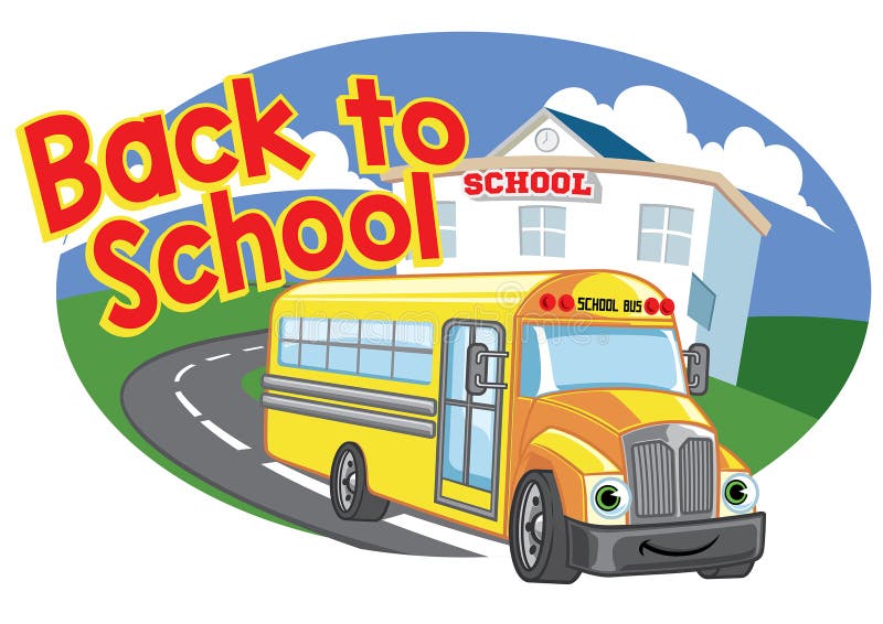 Di nuovo a progettazione della scuola con lo scuolabus felice del fumetto illustrazione di stock Di nuovo a progettazione della scuola con lo scuolabus felice del fumetto illustrazione di stock