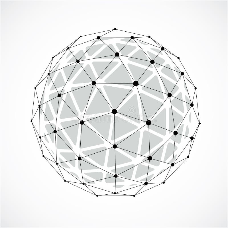 3d vector low poly spherical object with black connected lines and dots, geometric monochrome wireframe shape. Perspective orb created with triangular facets. 3d vector low poly spherical object with black connected lines and dots, geometric monochrome wireframe shape. Perspective orb created with triangular facets.