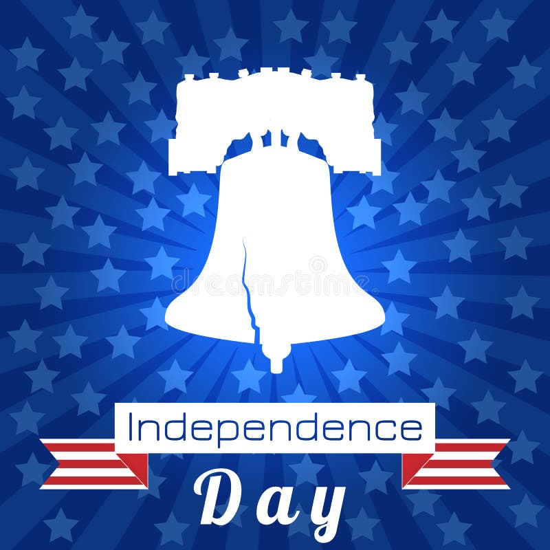 Independence Day of the USA. 4th of July. Concept of holiday. Liberty Bell. Tape, event name, rays from the center, stars. Independence Day of the USA. 4th of July. Concept of holiday. Liberty Bell. Tape, event name, rays from the center, stars