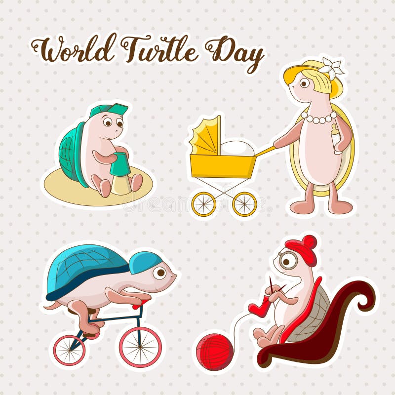 Dia da tartaruga do mundo Ilustração para o feriado Família engraçada Aperfeiçoe para o cartão do projeto, convites, promoções ilustração stock Dia da tartaruga do mundo Ilustração para o feriado Família engraçada Aperfeiçoe para o cartão do projeto, convites, promoções ilustração stock