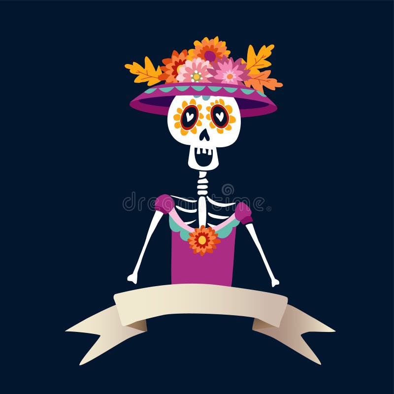 Dia de Los Muertos hälsningkort, inbjudan Mexicansk dag av dödaen Skelett- kvinna med blommor Dekorativ skalle Hand dragit v stock illustrationer Dia de Los Muertos hälsningkort, inbjudan Mexicansk dag av dödaen Skelett- kvinna med blommor Dekorativ skalle Hand dragit v stock illustrationer