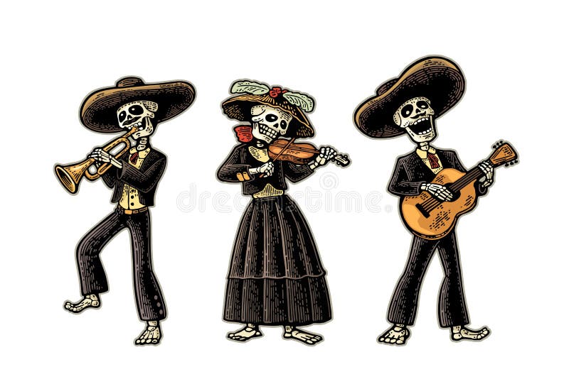 Day of the Dead, Dia de los Muertos. The skeleton in the Mexican national costumes dance, sing and play the guitar, violin, trumpet. Vector hand drawn vintage engraving isolated on white background. Day of the Dead, Dia de los Muertos. The skeleton in the Mexican national costumes dance, sing and play the guitar, violin, trumpet. Vector hand drawn vintage engraving isolated on white background