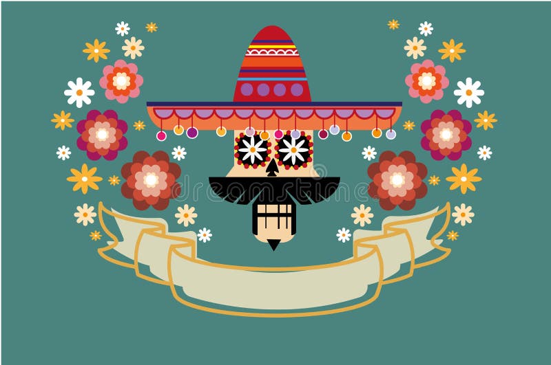 Dia de Los Muertos, Tag des toten Plakats Mexikanischer Zuckerschädel mit einer Hutdekoration mit Blumen und bunter Kunst lizenzfreie abbildung Dia de Los Muertos, Tag des toten Plakats Mexikanischer Zuckerschädel mit einer Hutdekoration mit Blumen und bunter Kunst lizenzfreie abbildung