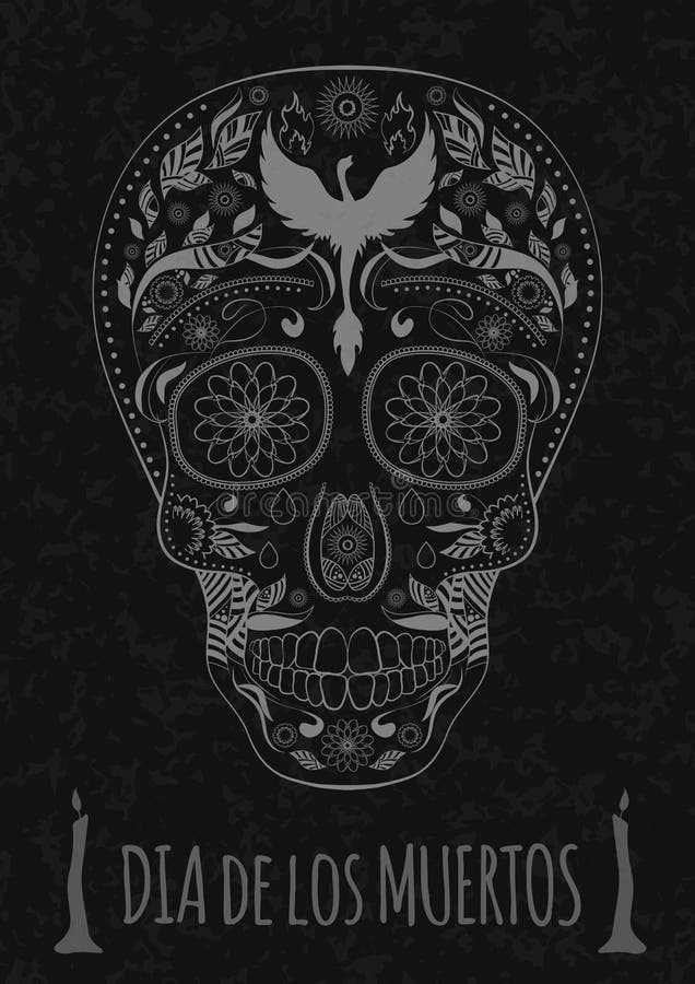 Dia De Muertos Tattoo Skull Day Des Toten Monochroms Fliegerschablone Felsen Mit Moos Stock Abbildung Illustration Von Blumen Lack 66691876