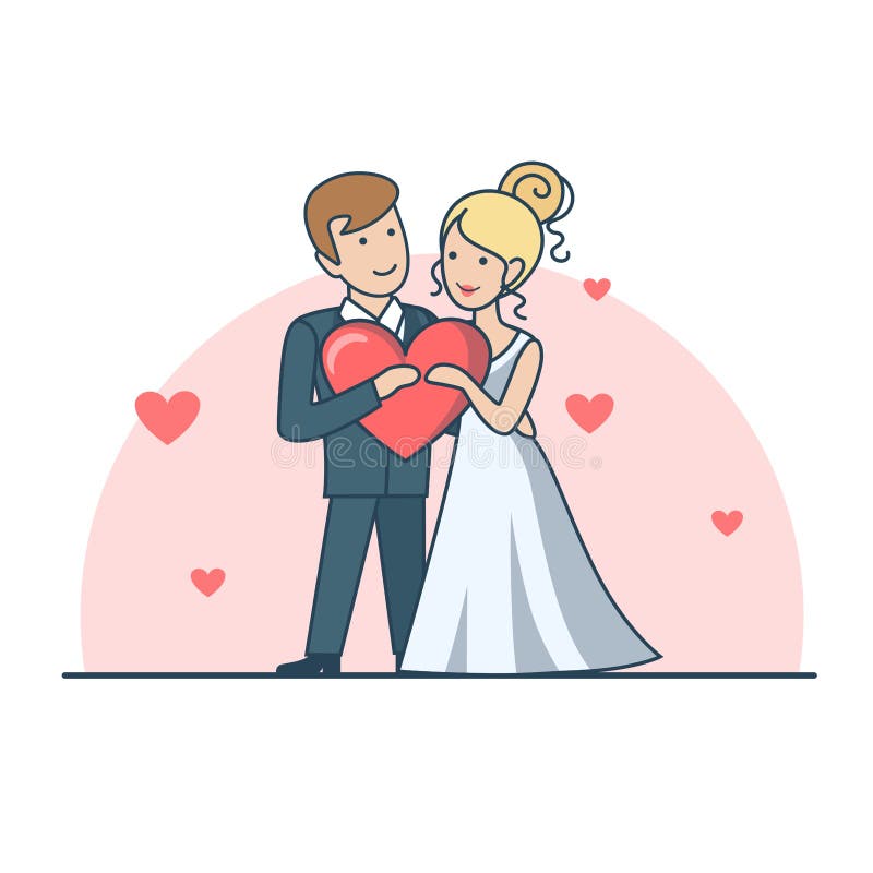 Dia de Valentim liso linear do vetor do casamento dos pares ilustração stock Dia de Valentim liso linear do vetor do casamento dos pares ilustração stock