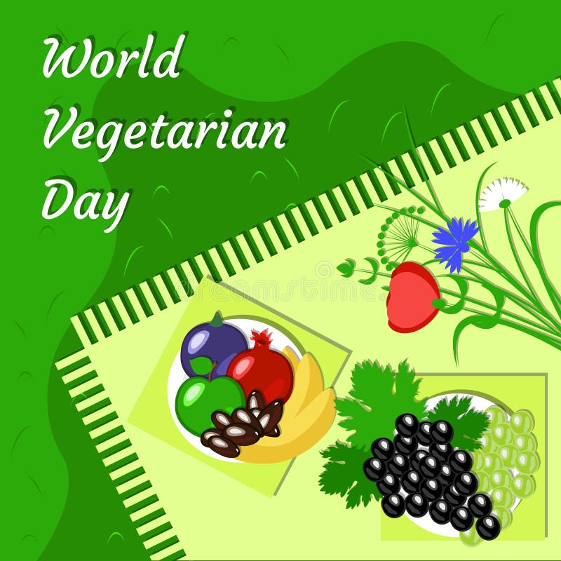 Dia do vegetariano do mundo Piquenique do fruto - grama, toalha de mesa, placa, flores, maçã, romã, datas, uvas, banana, figos
