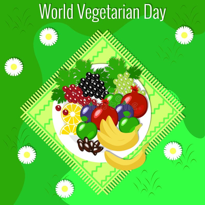 Dia do vegetariano do mundo Piquenique do fruto - grama, toalha de mesa, placa, flores, maçã, romã, datas, uvas, banana, figos