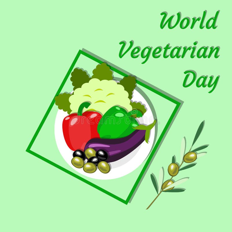 Dia do vegetariano do mundo Piquenique vegetal - toalha de mesa, placa, couve-flor, pimenta búlgara, beringela, azeitonas, ramo d