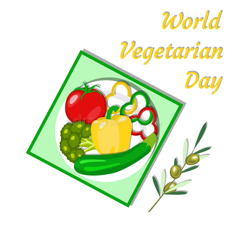 Dia do vegetariano do mundo Piquenique vegetal - toalha de mesa, placa, tomate, pimenta de sino, brócolis, abobrinha, ramo de oli