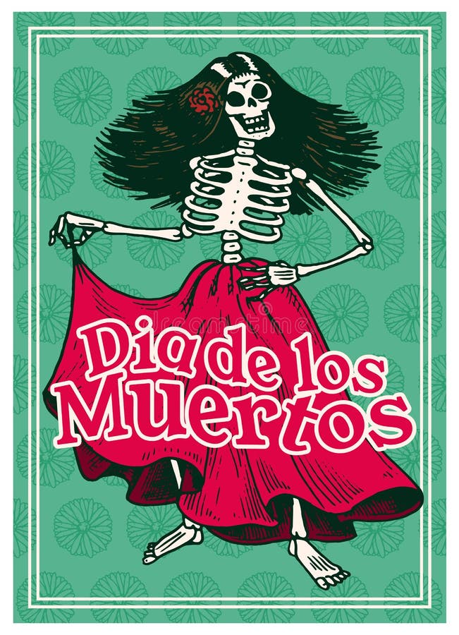 Dia dos Cartazes Mortos em fundo colorido Skeletons dança e toca instrumentos musicais Em espanhol Dia De Los