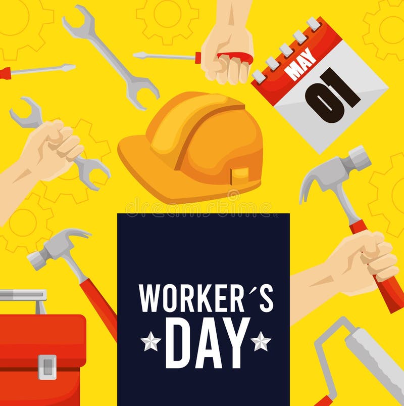 Dia dos trabalhadores do emblema com ferramentas da construção ilustração do vetor Dia dos trabalhadores do emblema com ferramentas da construção ilustração do vetor