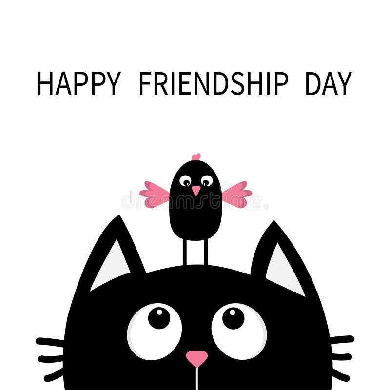 Dia feliz da amizade Gato preto bonito que olha acima ao pássaro na cabeça Personagem de banda desenhada engraçado Animal de Kawa ilustração royalty free Dia feliz da amizade Gato preto bonito que olha acima ao pássaro na cabeça Personagem de banda desenhada engraçado Animal de Kawa ilustração royalty free