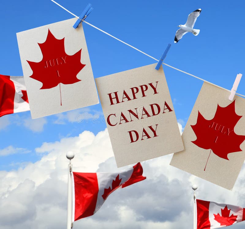 Happy Canada Day. Holiday greeting cards with Maple leaf and Canadian flag. Signs hanging on rope against Canadian flags fluttering in a wind. White free seagull flying high in the beautiful blue sky. Happy Canada Day. Holiday greeting cards with Maple leaf and Canadian flag. Signs hanging on rope against Canadian flags fluttering in a wind. White free seagull flying high in the beautiful blue sky