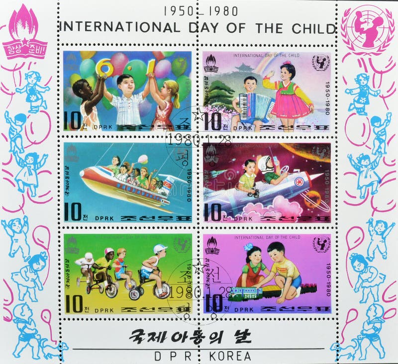 Souvenir Sheet with cancelled postage stamps printed by North Korea, that celebrates International Day of the Child, UNICEF - 30 years of International Children's Day. Souvenir Sheet with cancelled postage stamps printed by North Korea, that celebrates International Day of the Child, UNICEF - 30 years of International Children's Day.