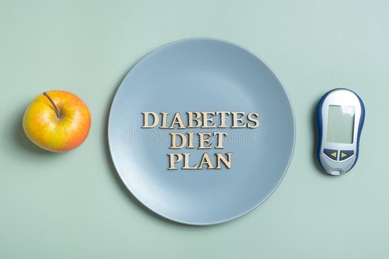 Diabetes Diet Plan Text. and Plate with Apple on Colored