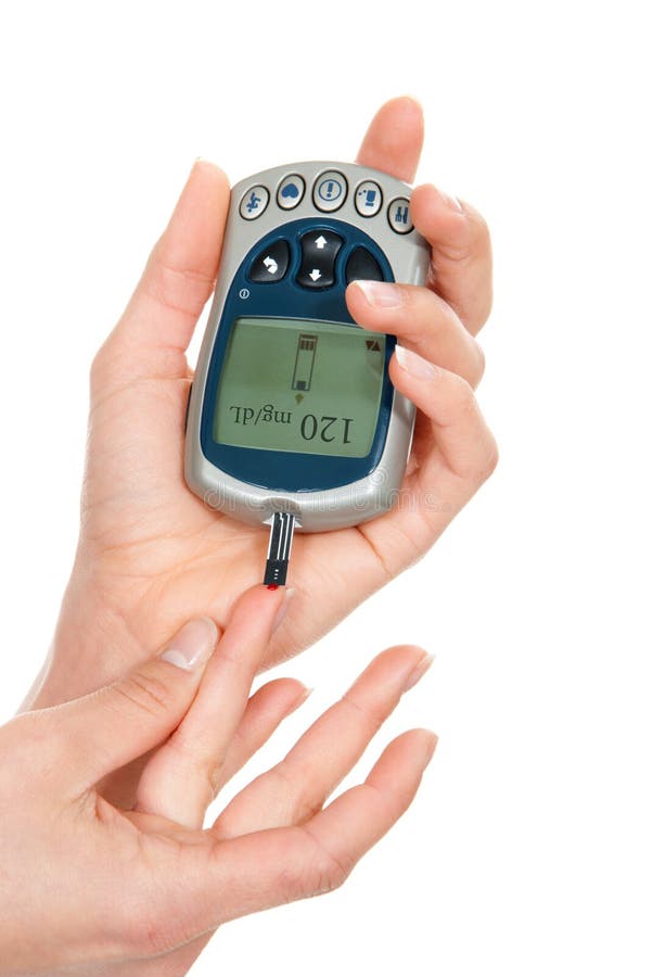 Diabetes patient measuring glucose level blood test using ultra stock photo