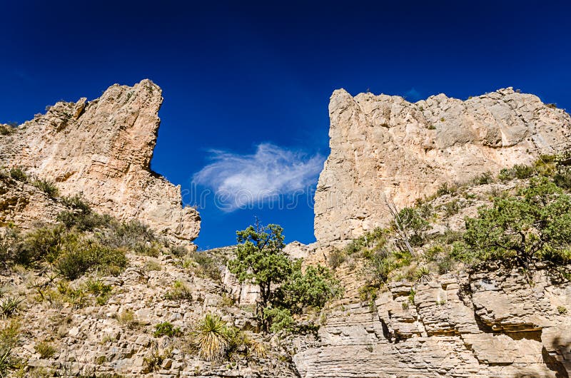 Keyhole opening to vivid blue sky in canyon cliffs on Devil`s Hall trail at Guadalupe Mountains National Park in Texas. Keyhole opening to vivid blue sky in canyon cliffs on Devil`s Hall trail at Guadalupe Mountains National Park in Texas.