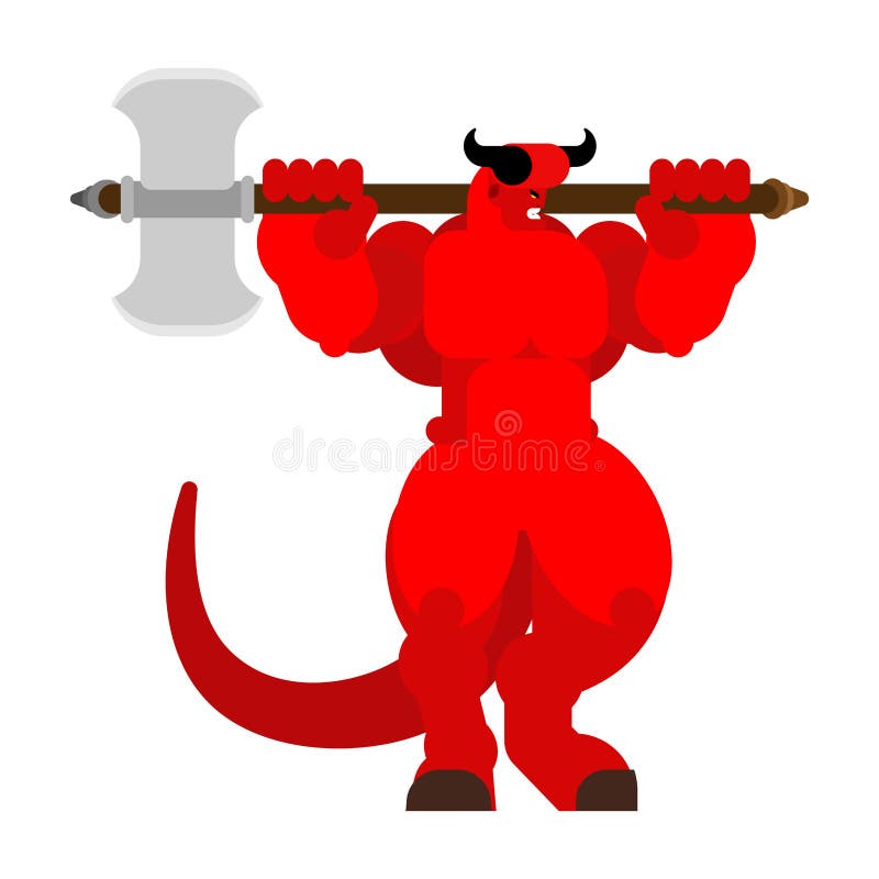 Diablo con el hacha Asmodeus enojado fuerte Demonio rojo grande Sata de cuernos stock de ilustración Diablo con el hacha Asmodeus enojado fuerte Demonio rojo grande Sata de cuernos stock de ilustración