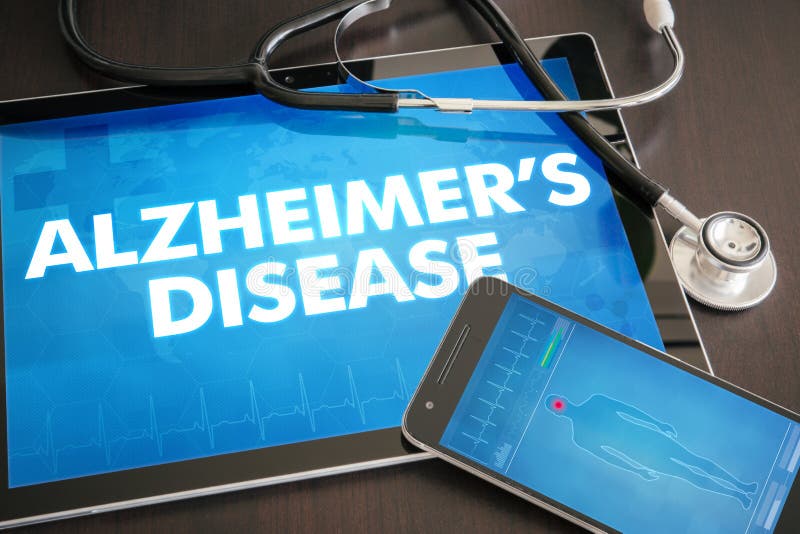 Alzheimer's disease (neurological disorder) diagnosis medical concept on tablet screen with stethoscope. Alzheimer's disease (neurological disorder) diagnosis medical concept on tablet screen with stethoscope.