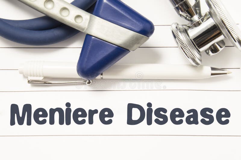 Diagnosis of Meniere Disease closeup. Medical book guide for doctor neurologist with heading text of inner ear disorder Meniere Di stock photos
