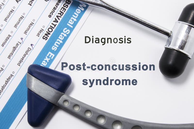 Diagnosis of Post-Concussion Syndrome. Two neurological hammer, result of mental status exam and name of neurologic psychiatric di