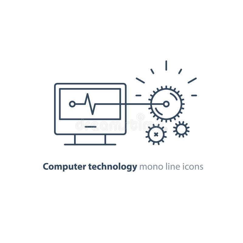 Diagnostic system, engine test, software integration, data processing line icon royalty free illustration