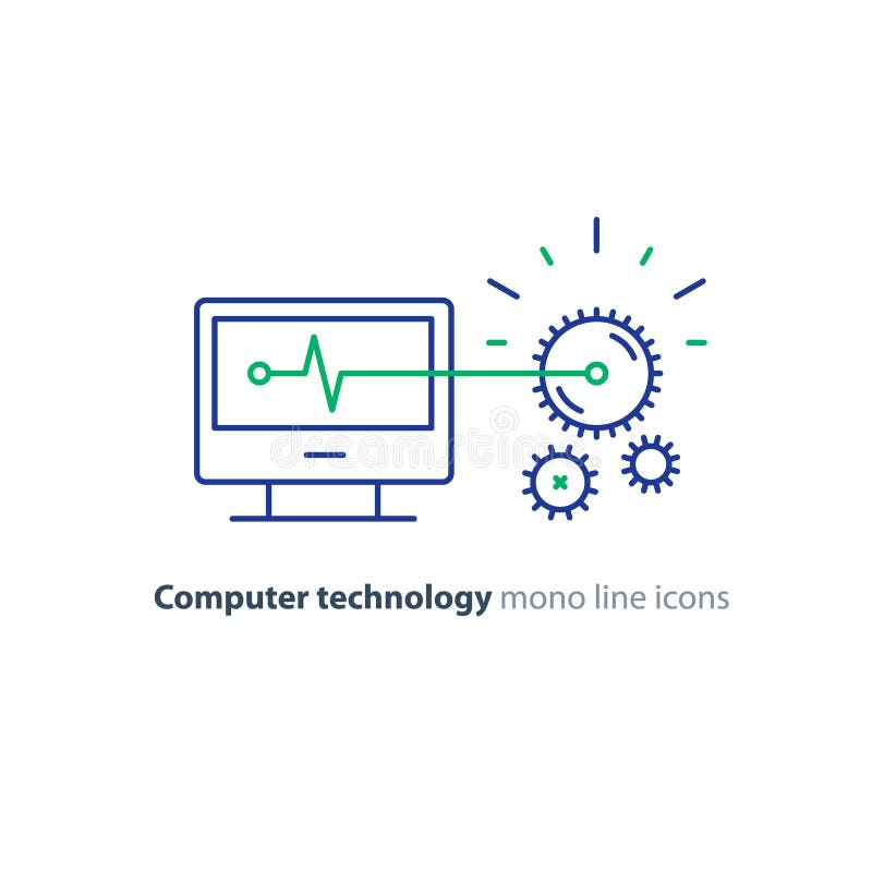 Diagnostic system, engine test, software integration, data processing line icon stock illustration