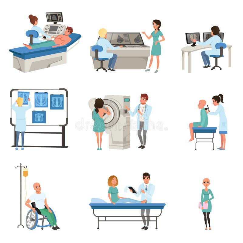 Diagnostyk i traktowanie nowotworu set, lekarki, pacjenci i wyposażenie dla onkologii medycyny wektoru ilustracj, ilustracji Diagnostyk i traktowanie nowotworu set, lekarki, pacjenci i wyposażenie dla onkologii medycyny wektoru ilustracj, ilustracji
