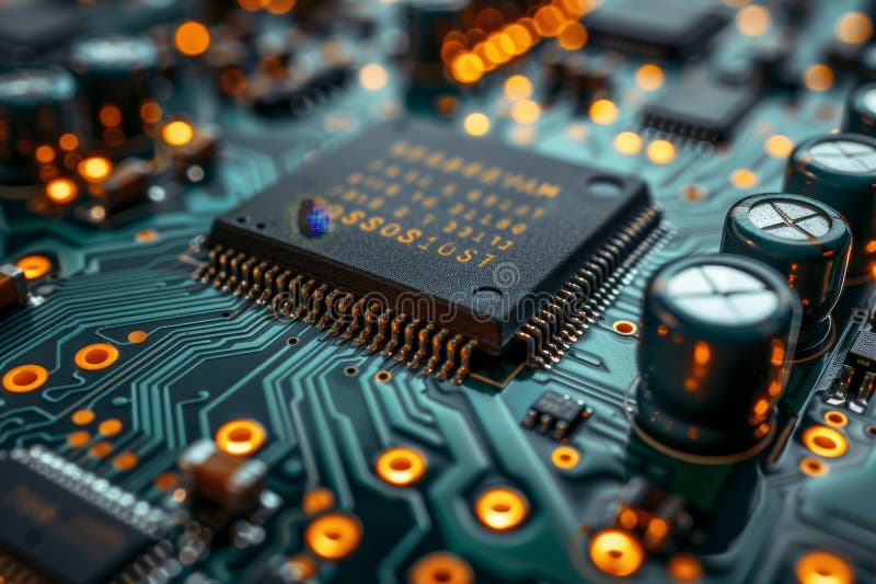 Diagonal printed circuit board on table with gray green background and microchips for electronics, Generated by AI