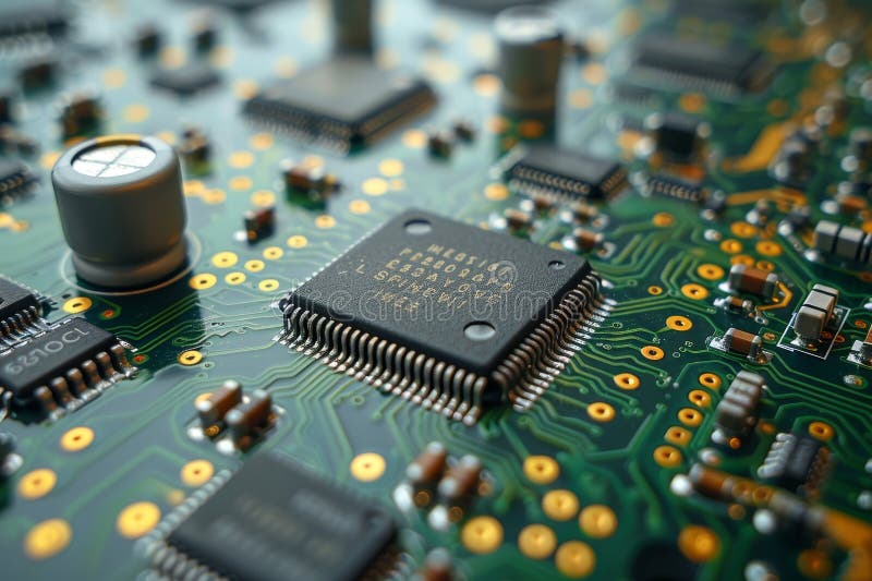 Diagonal printed circuit board on table with gray green background and microchips in focus stock illustration