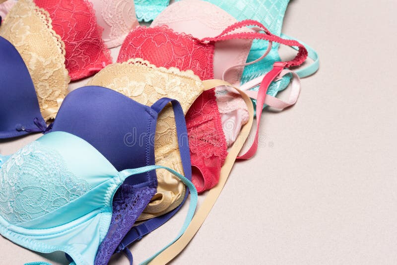 Diagonal row of push-up bras with copy space royalty free stock image Diagonal row of push-up bras with copy space royalty free stock image