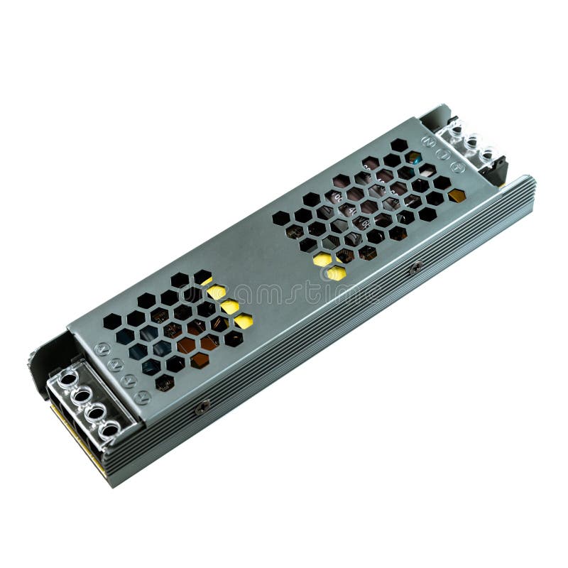 Diagonal view of a concealed installation power supply unit, isolated on white background, designed for modern electrical and stock photo