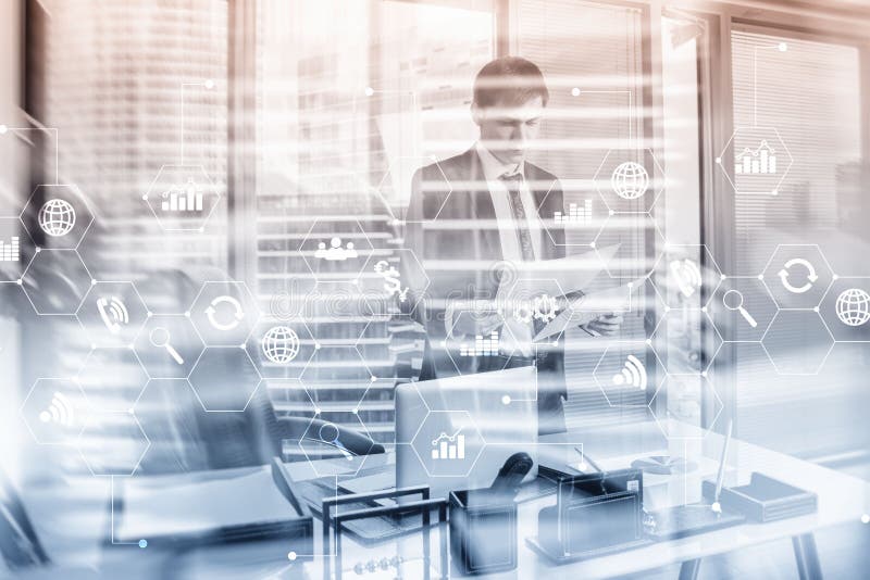 Diagram automation innovation concept. Against the background of young businessmen in the office stock photography