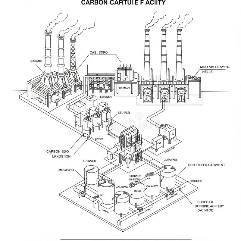 Diagram of a carbon capture facility. Features include multiple chimneys emitting royalty free illustration