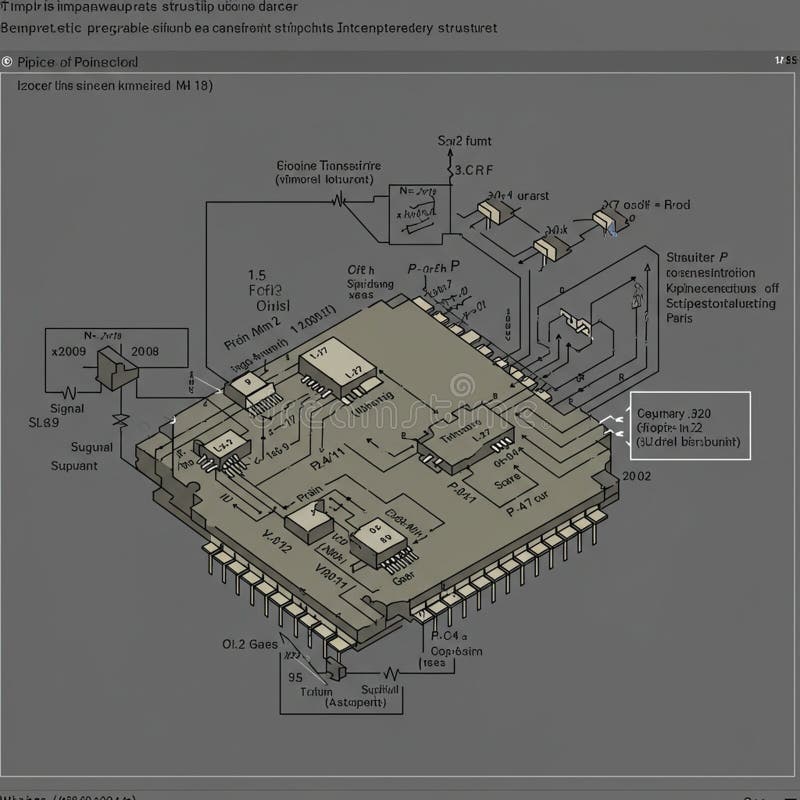 Diagram of a computer microchip, featuring a detailed 3D model with numerous royalty free illustration