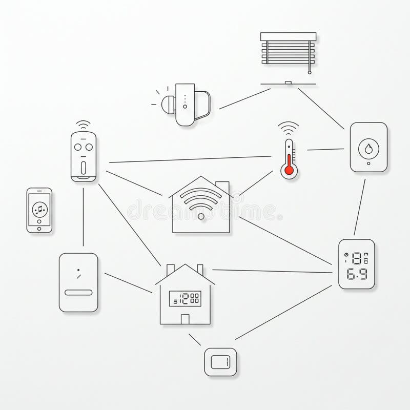 Diagram depicting a smart home network. Centralized Wi-Fi router icon connects to stock illustration