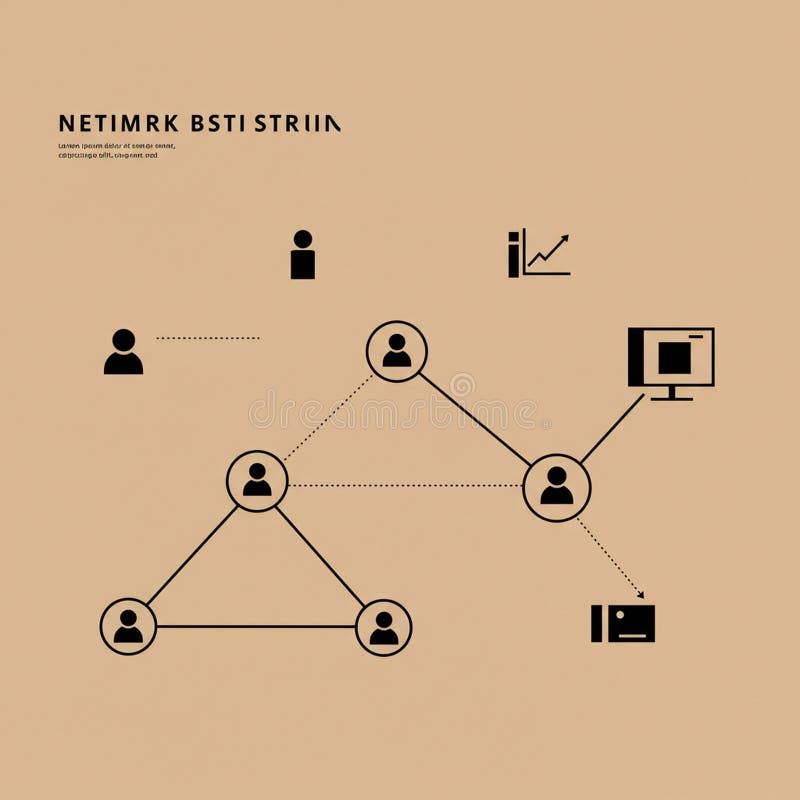 Diagram featuring a network structure on a beige background. Black icons represent stock illustration
