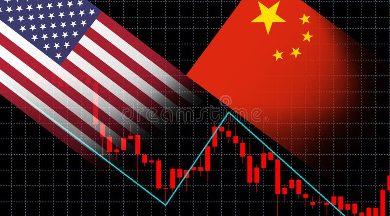 Diagram för finanskrisaktiemarknadgraf av investeringskärmen som handlar den Amerika flaggan och den Kina flaggan stock illustrationer Diagram för finanskrisaktiemarknadgraf av investeringskärmen som handlar den Amerika flaggan och den Kina flaggan stock illustrationer